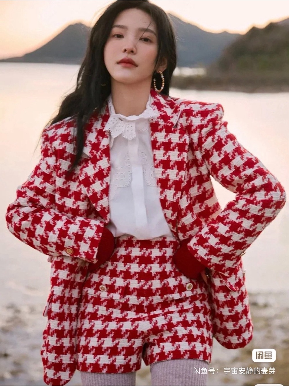 Sandro Red & White Houndstooth Tweed Blazer - Women’s Jacket